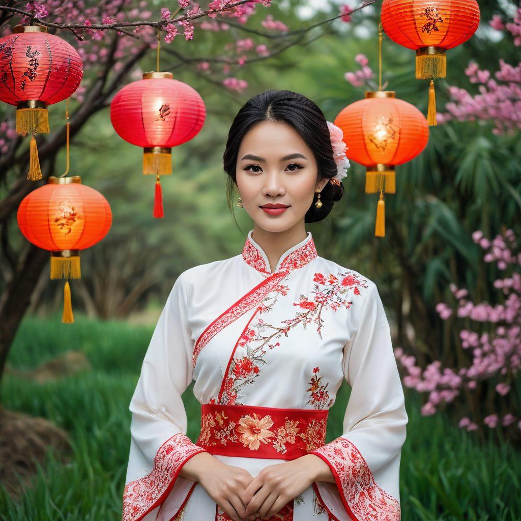 A captivating collage showcasing diverse Asian beauty standards, featuring a serene Chinese woman in traditional qipao, a joyful Indian woman adorned with colorful bangles and intricate henna, a graceful Japanese woman with a kimono under cherry blossoms, and a confident Vietnamese woman with an ao dai against a rice field backdrop. Each figure is surrounded by elements representing their culture, like lanterns, floral patterns, and traditional art. vibrant colors. super-realistic. elegant atmosphere.