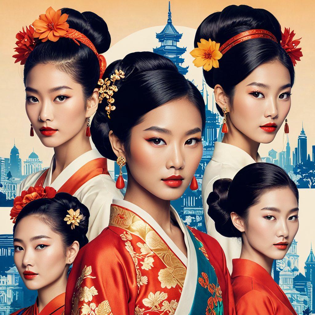 An elegant collage showcasing the transformation of Asian beauty through the ages, featuring traditional attire blending into modern fashion. Include elements like vintage makeup, contemporary hairstyles, and cultural motifs, symbolizing the fusion of old and new. The background should represent a vivid timeline, transitioning from historic landscapes to urban cityscapes, evoking a sense of evolution. super-realistic. vibrant colors. soft focus.