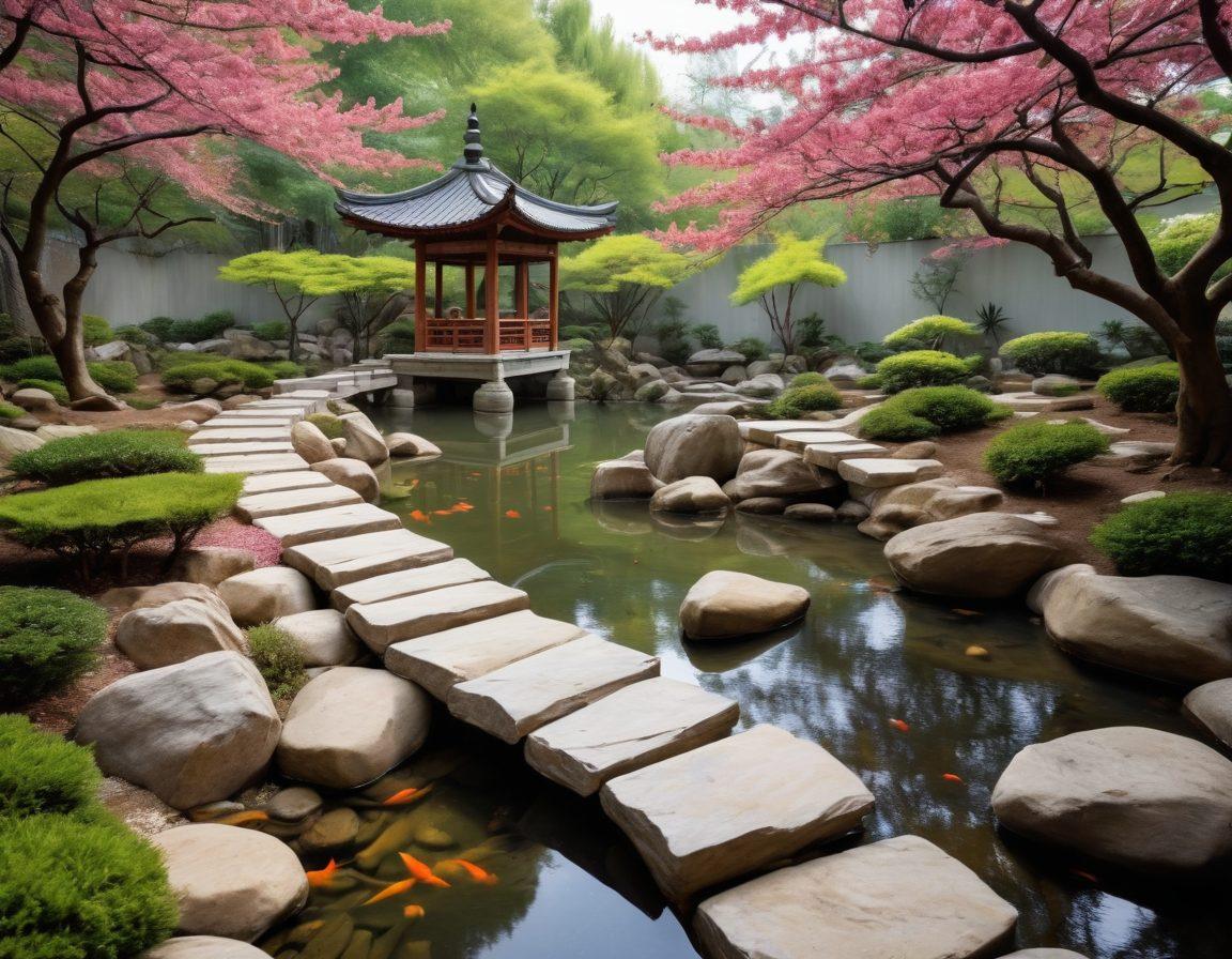 A serene landscape depicting a traditional Asian garden with cherry blossom trees, intricate stone pathways, and a tranquil koi pond. Include elements like a traditional pagoda, lanterns, and subtle hints of Asian calligraphy in the background. The color palette should be soft pastels infused with vibrant details, capturing the essence of Asian aesthetics. super-realistic. vibrant colors.